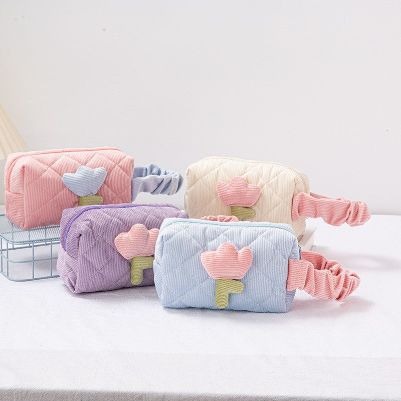 Corduroy Flower Makeup Bag Set for Travel and Beauty