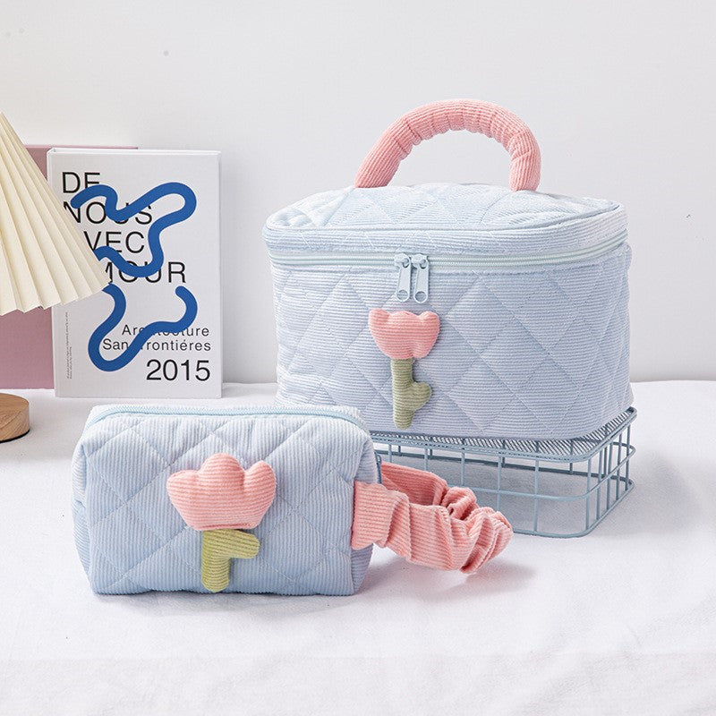 Corduroy Flower Makeup Bag Set for Travel and Beauty